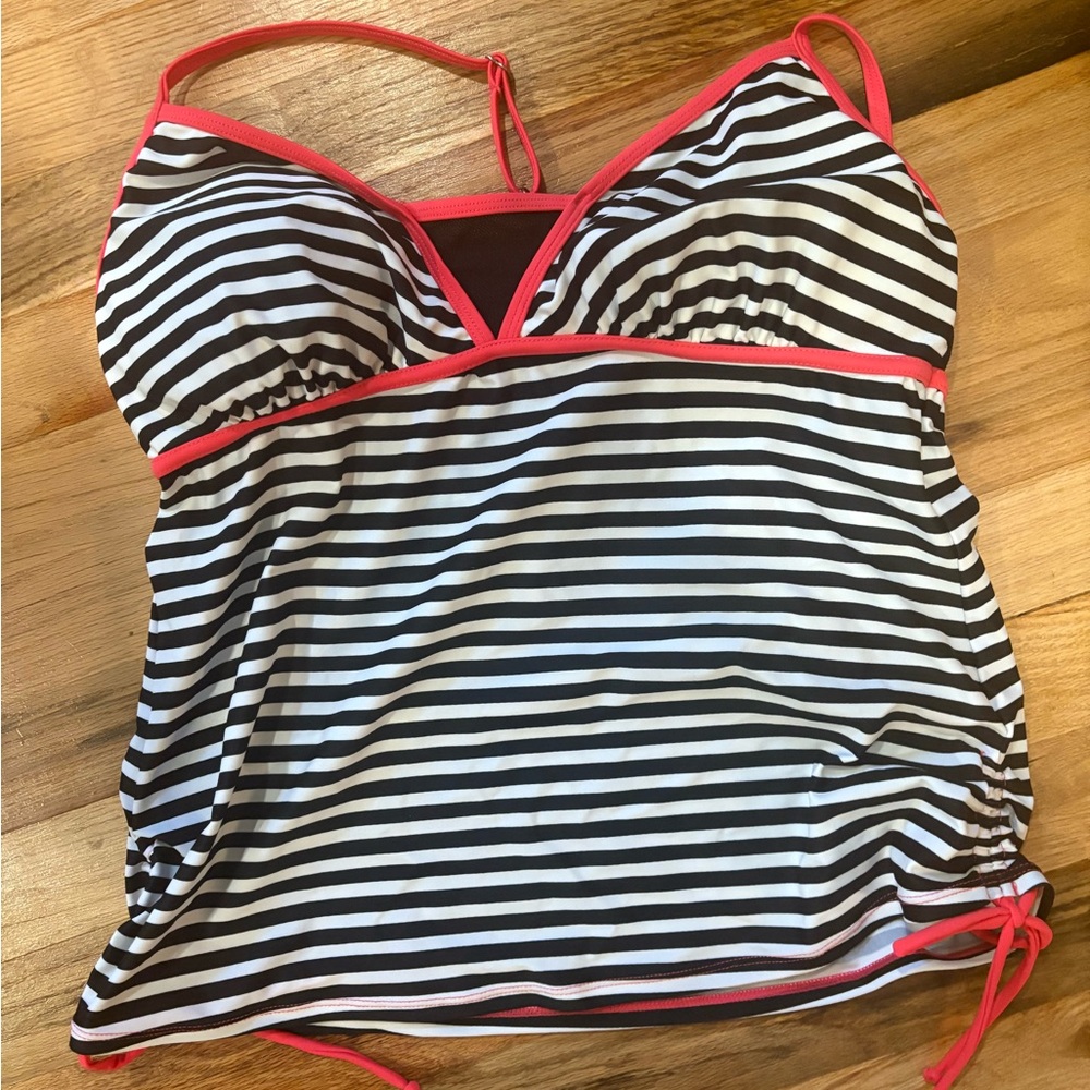 Striped Black and White Tankini Top with Pink Accents